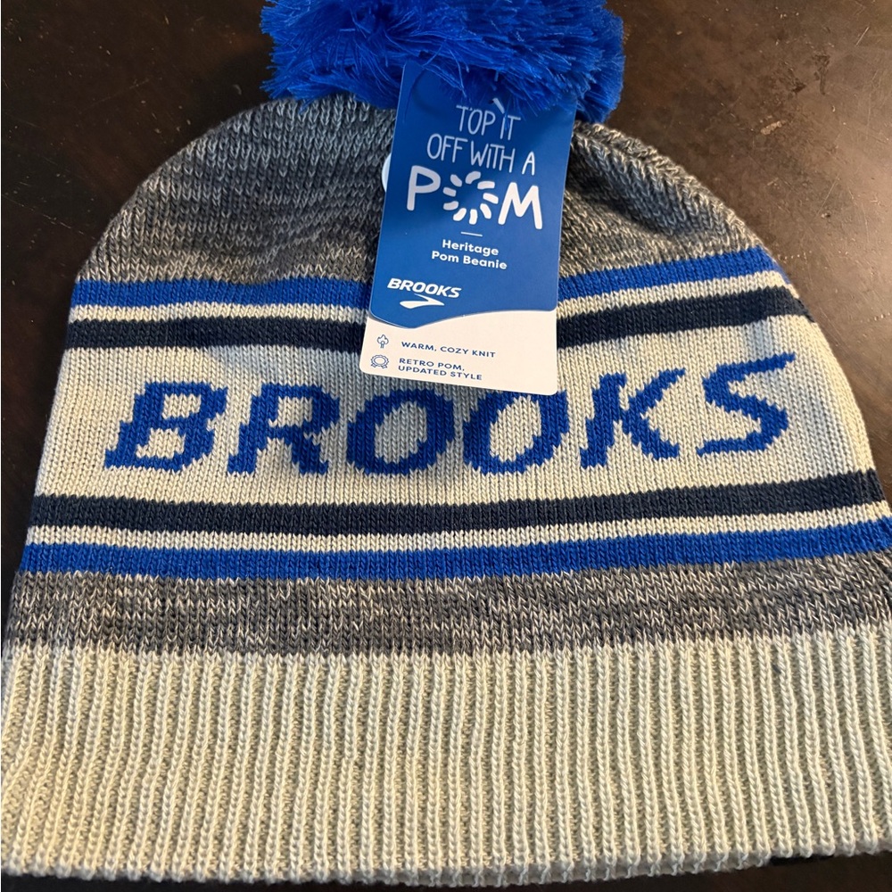 Brooks Heritage Blue and Gray Pom Beanie